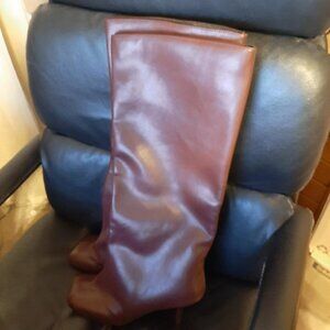 NEW ! Women Over Knee Boot Wide Calf Slip On Faux Leather Brown Size 10